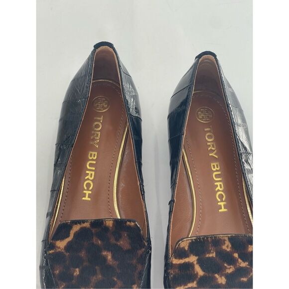 Tory Burch Loafer Lila Calf Hair Women 7 Leopard Black Leather Pointed Toe - Picture 10 of 11